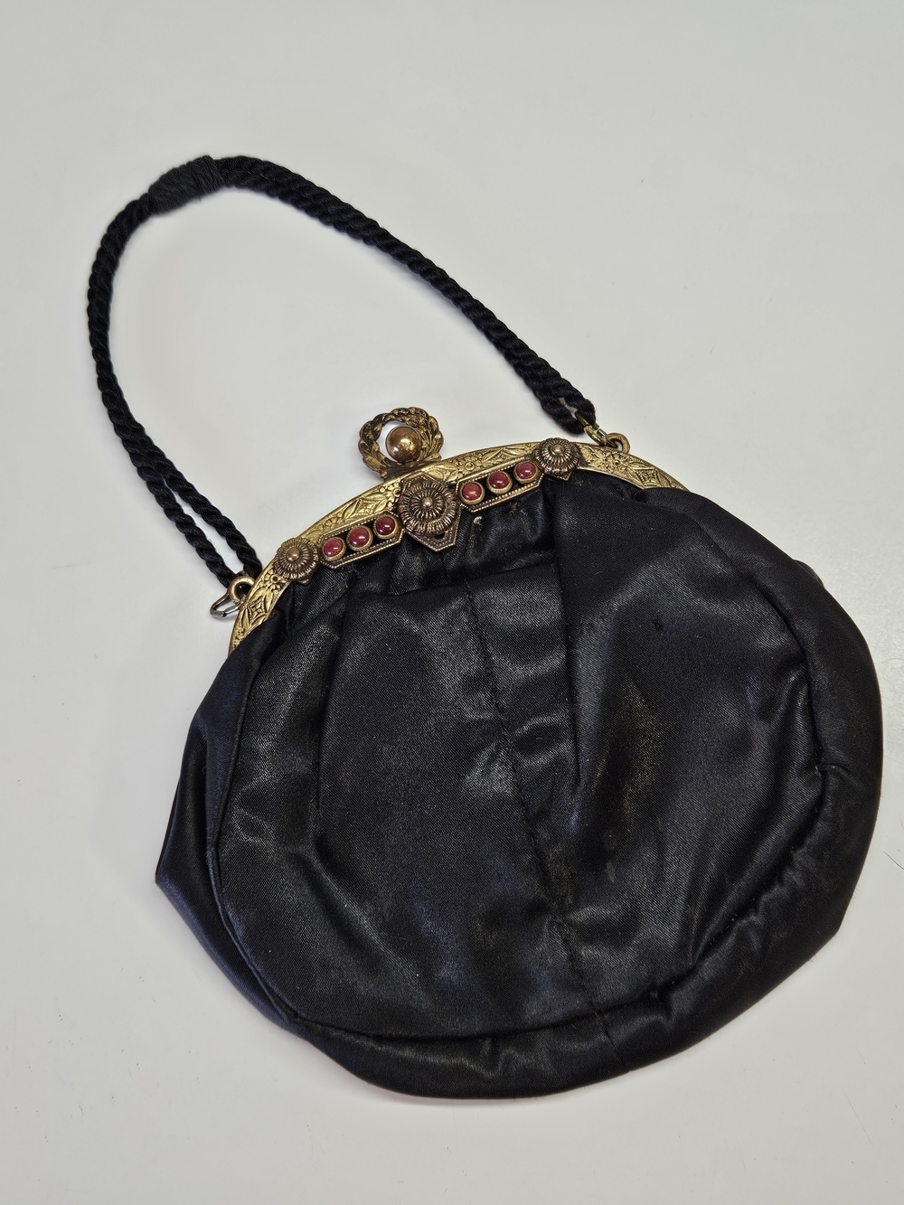 VINTAGE Victorian Style Small Black Satin Ornate Unique Hinged Open Purse Bag